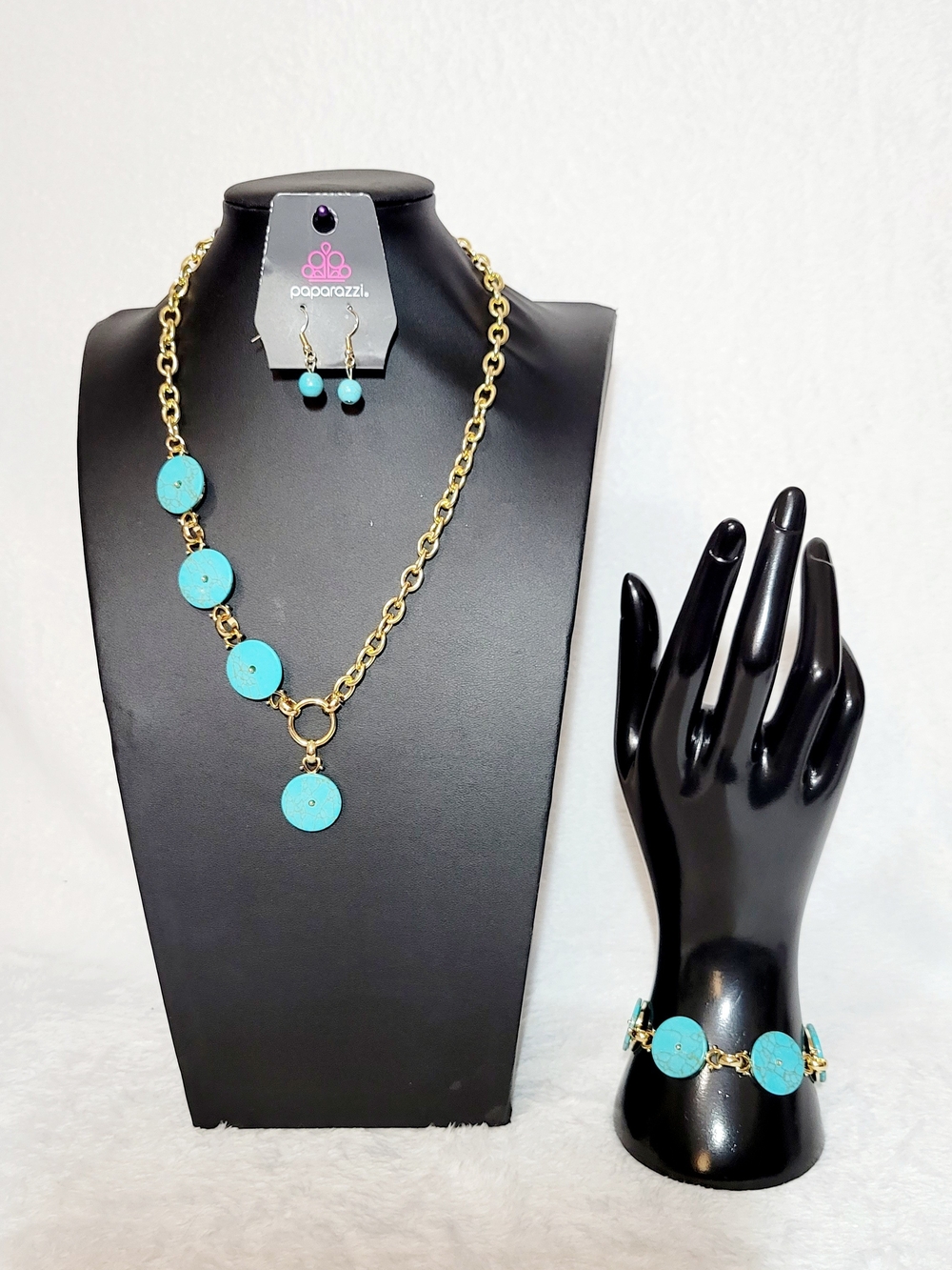 Bundle of Two Turquoise and Gold-Tone Disc Necklace Set And Bracelet